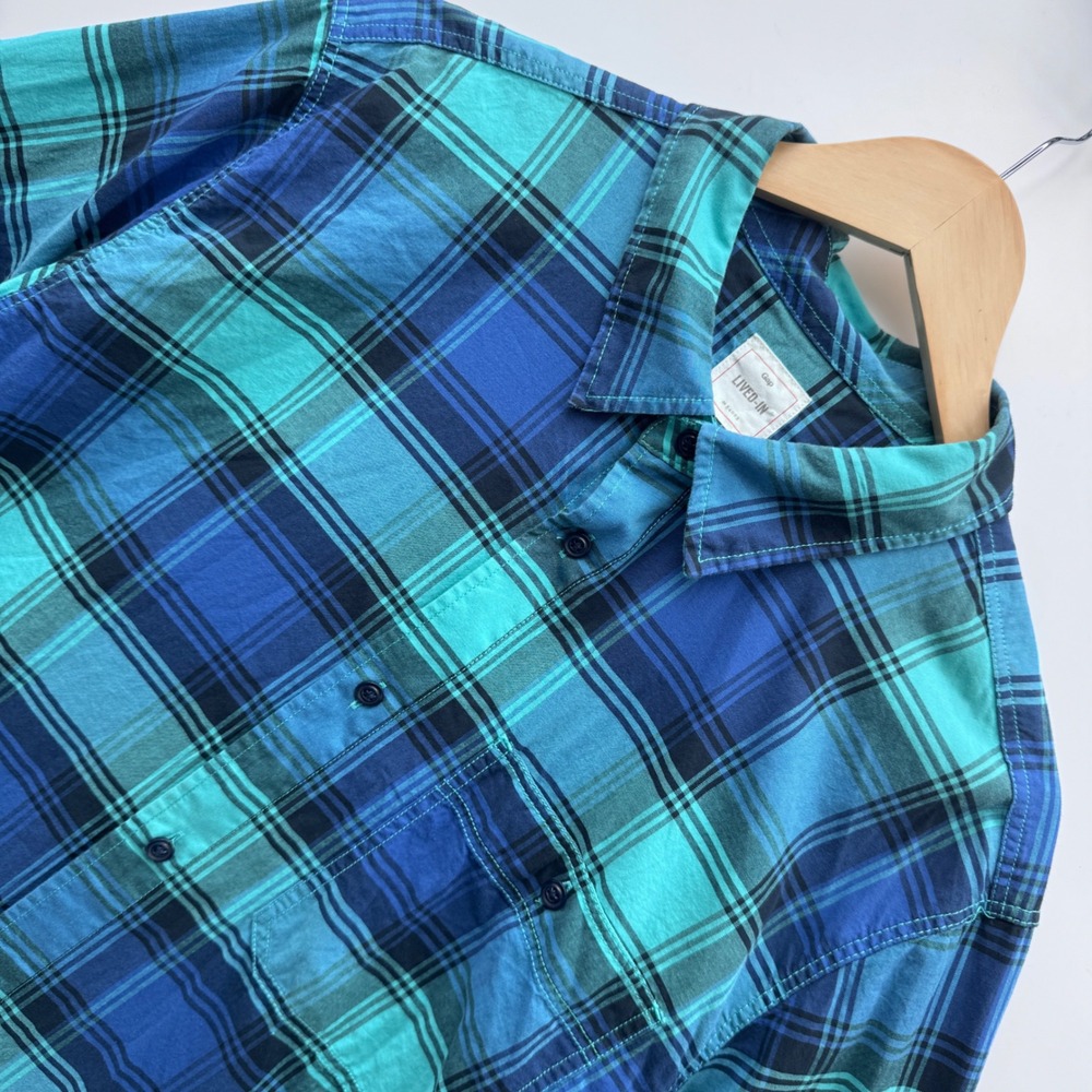 Gap Button Down Shirt XL Blue Teal Plaid Lived-In Long Sleeve Casual Top